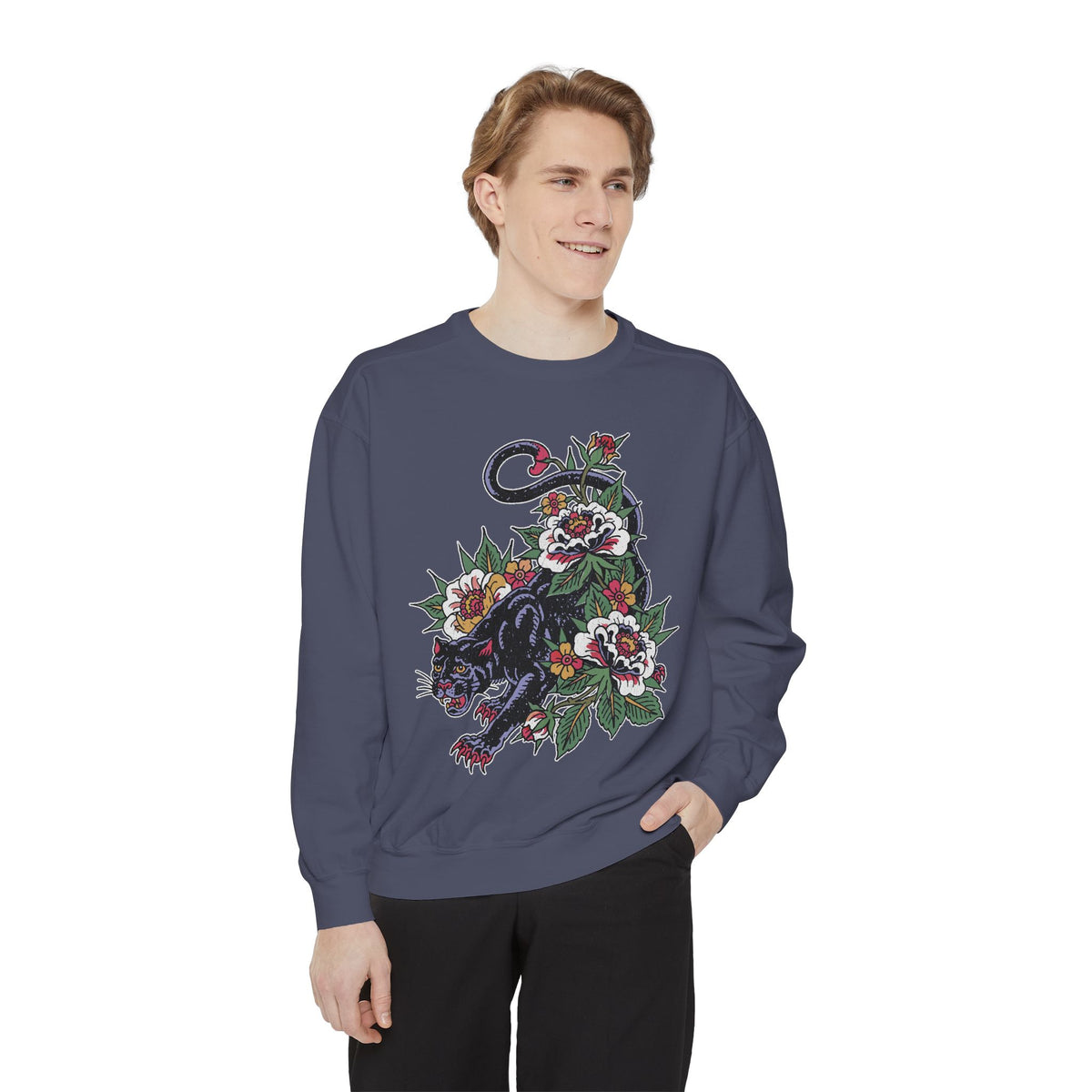 Traditional Panther Graphic Sweatshirt, Floral Tattoo Pullover for Men and Women, Old School Big Cat Top