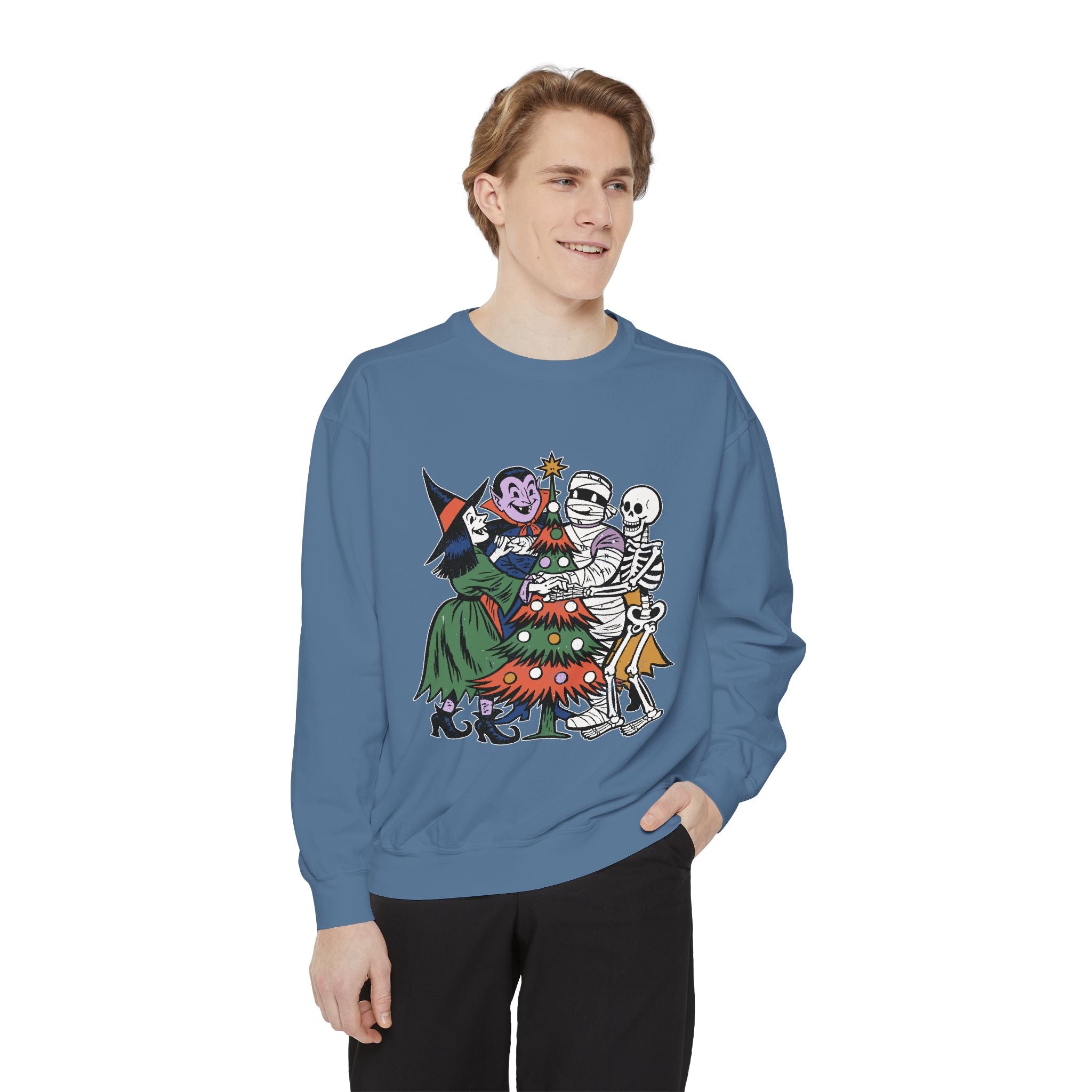 Spooky Christmas Sweatshirt, Halloween Holiday Mashup Crewneck, Witch Vampire Mummy Skeleton Pullover, Gothic Xmas Gift for Horror Fan