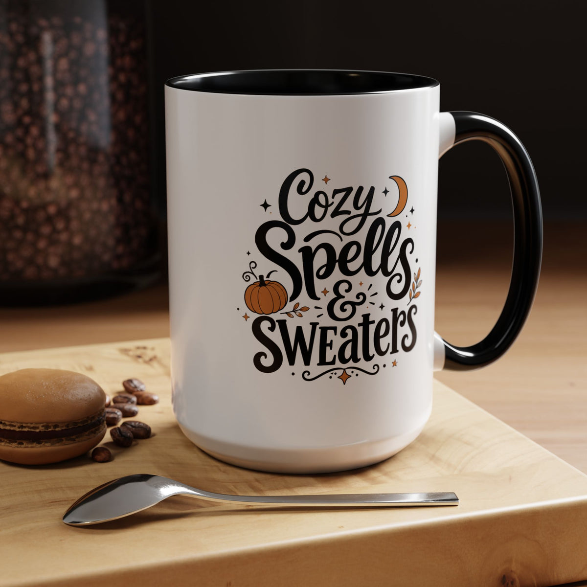Cozy Spells and Sweaters Mug, Witchy Halloween Coffee Cup, Celestial Pumpkin Fall Gift for Her, Magical Spooky Season Drinkware