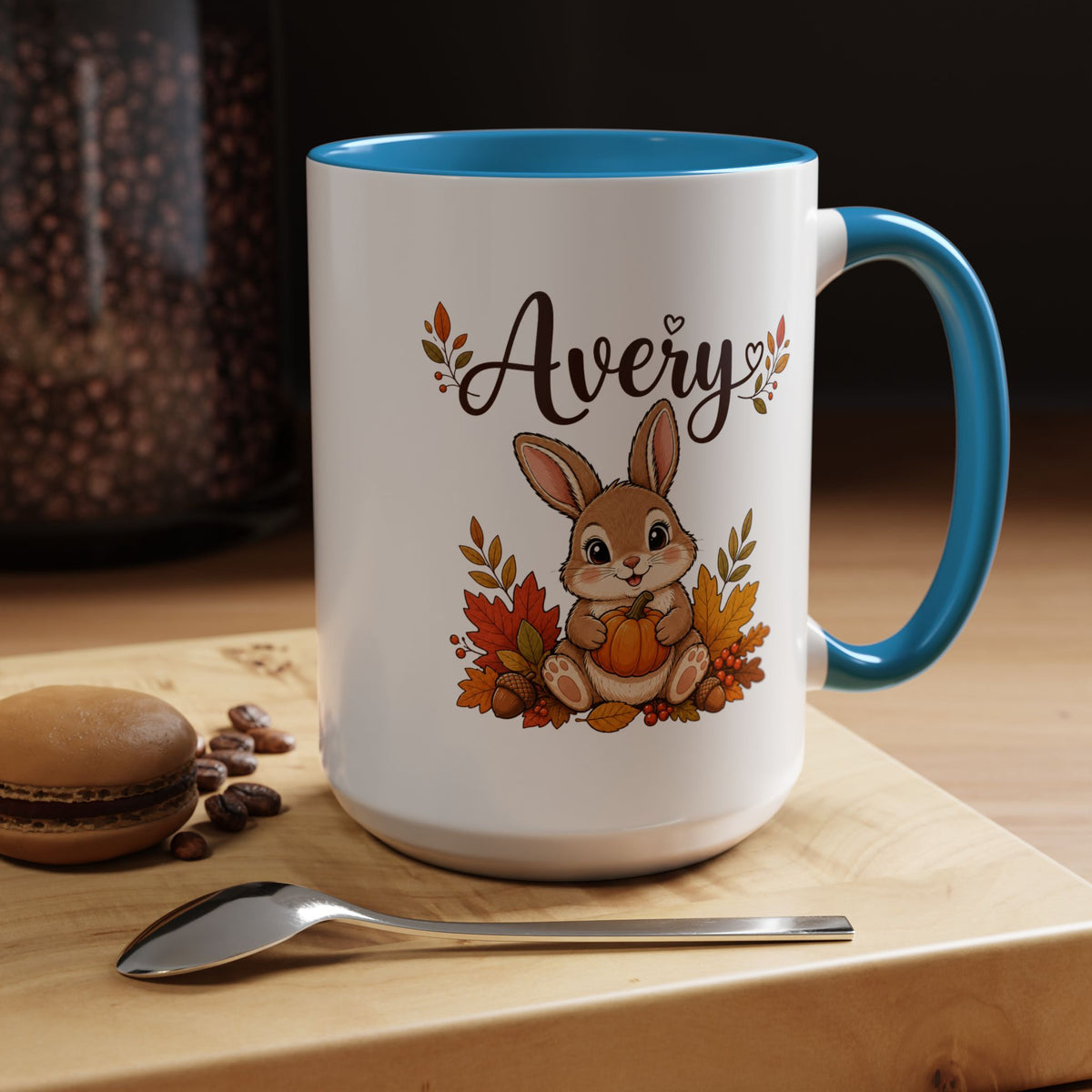 Personalized Bunny Mug with Name, Autumn Rabbit Coffee Cup, Cute Fall Woodland Gift for Daughter, Easter Basket or Birthday Keepsake