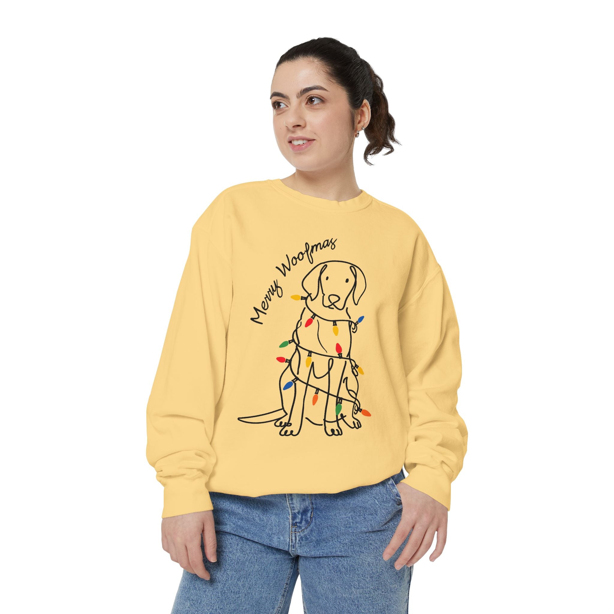 Merry Woofmas Dog Sweatshirt, Funny Christmas Puppy Crewneck, Holiday Lights Pet Lover Pullover, Cute Christmas Gift for Dog Mom or Dog Dad