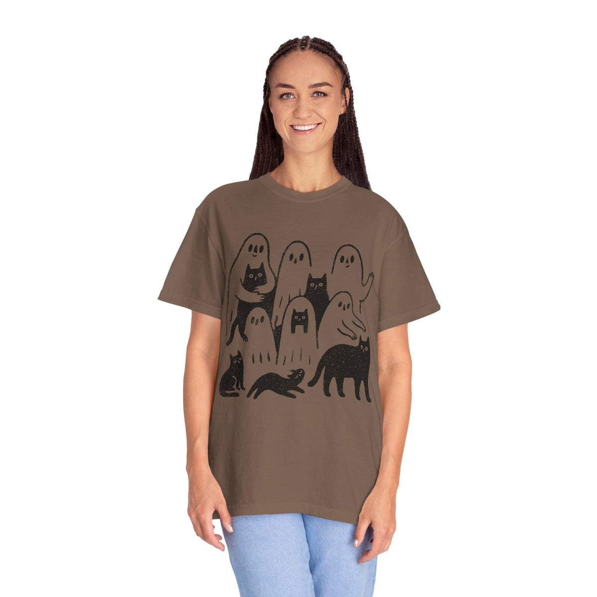 Ghost Cat Halloween Shirt, Cute Spooky Cats and Ghosts Graphic Tee, Cozy Pet Lover Gift, Minimal Black and White Fall Outfit for Women