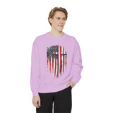 God Bless America Sweatshirt, Distressed American Flag and Cross Graphic, Patriotic Christian Gift for Church Events and Everyday Faith