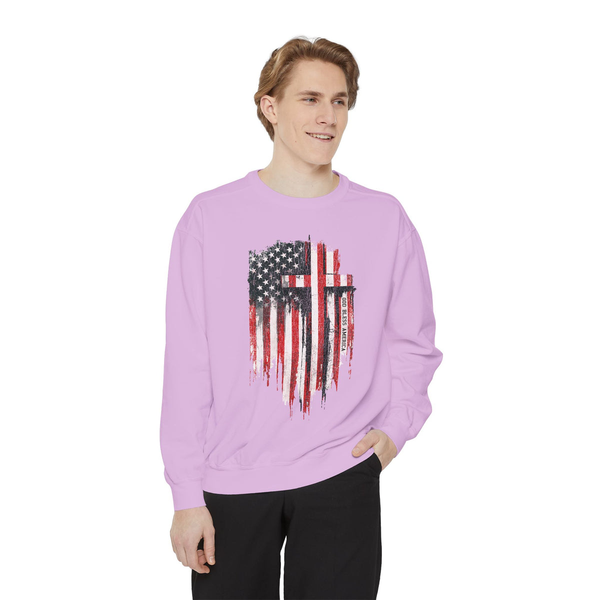 God Bless America Sweatshirt, Distressed American Flag and Cross Graphic, Patriotic Christian Gift for Church Events and Everyday Faith