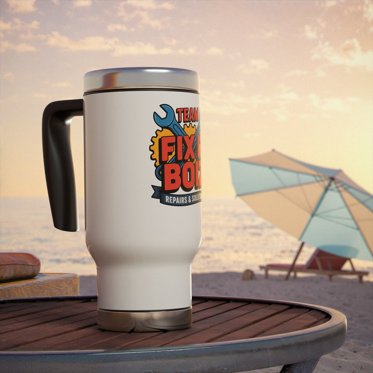 Mechanic Travel Mug with Handle, Team Fix It Boiz Wrench and Gear Design, Workshop Coffee Gift for a Handyman, Dad or Repair Crew Coworker
