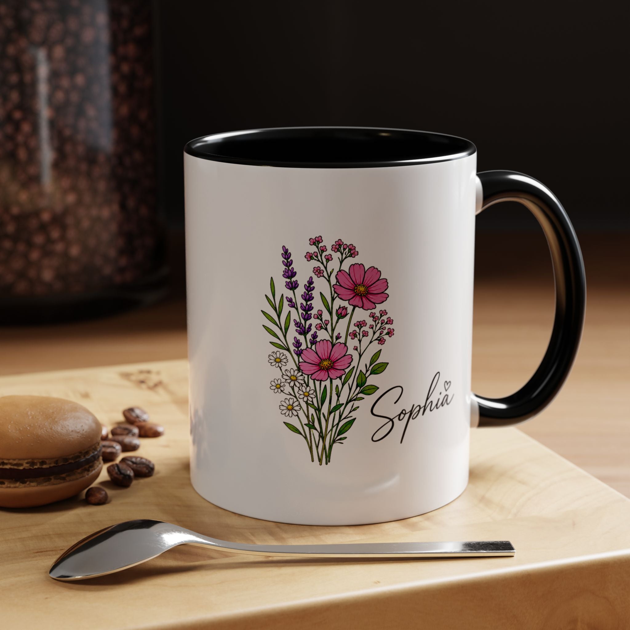 Personalized Floral Name Mug, Custom Wildflower Coffee Cup for Her, Birthday Gift for Women, Botanical Friend or Coworker Keepsake