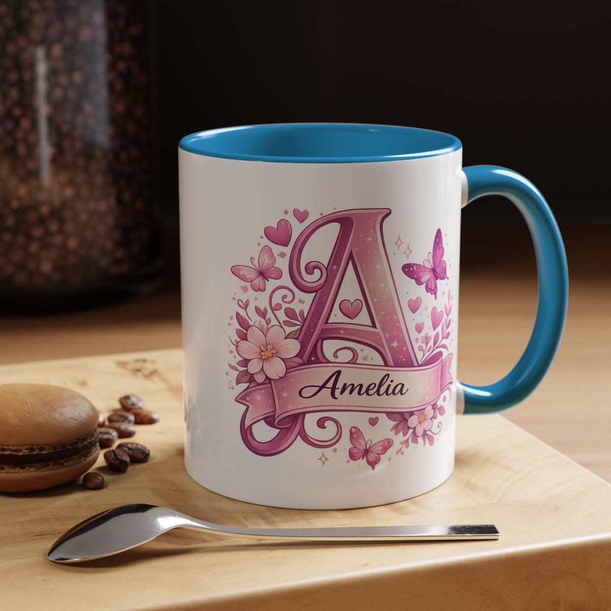 Personalized Butterfly Initial Mug, Custom Name Coffee Mug for Girls and Women, Floral Monogram Cup, Pink Aesthetic Gift, Custom Letter Mug