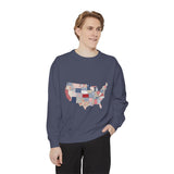 Patchwork USA Map Comfort Sweatshirt, Quilted America Crewneck Sweatshirt, Patriotic Americana Gift, Fourth of July Comfort Sweatshirt