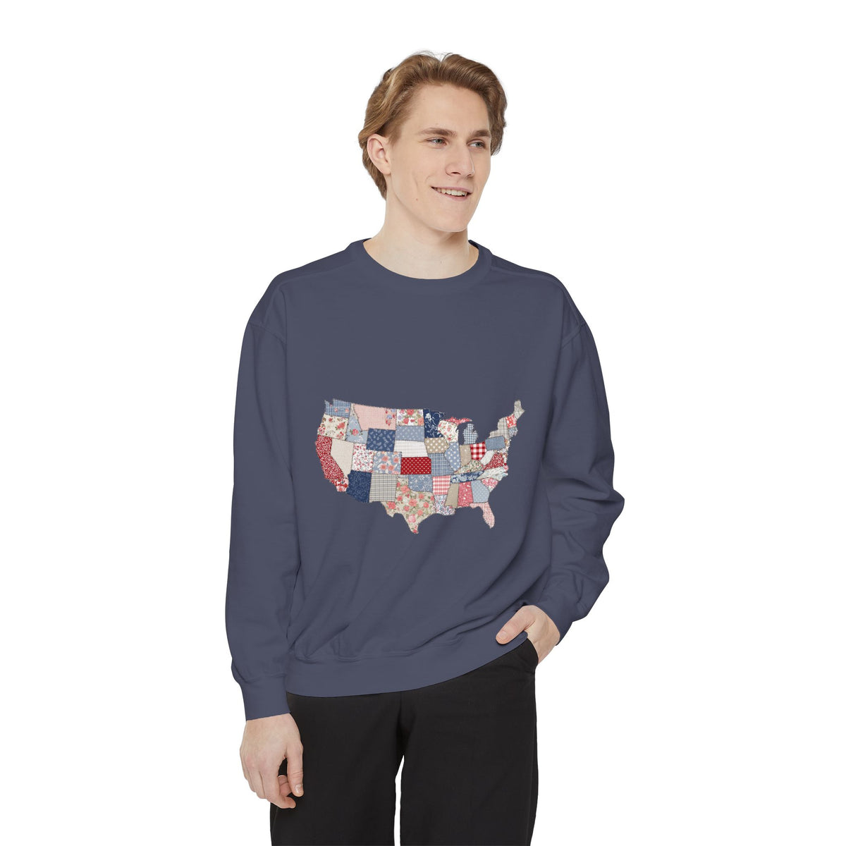 Patchwork USA Map Comfort Sweatshirt, Quilted America Crewneck Sweatshirt, Patriotic Americana Gift, Fourth of July Comfort Sweatshirt