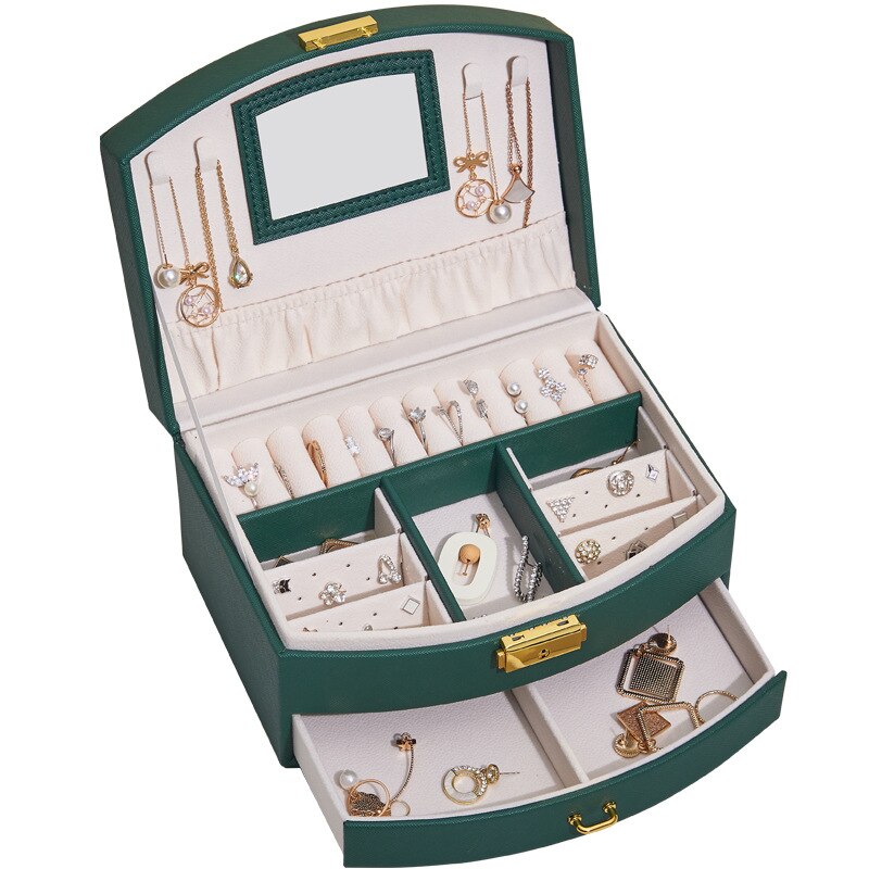 New Wear-resista Leather Jewelry Box Travel Jewelry Organizer Multifunction Necklace Earring Storage Box with Mirror Gifts