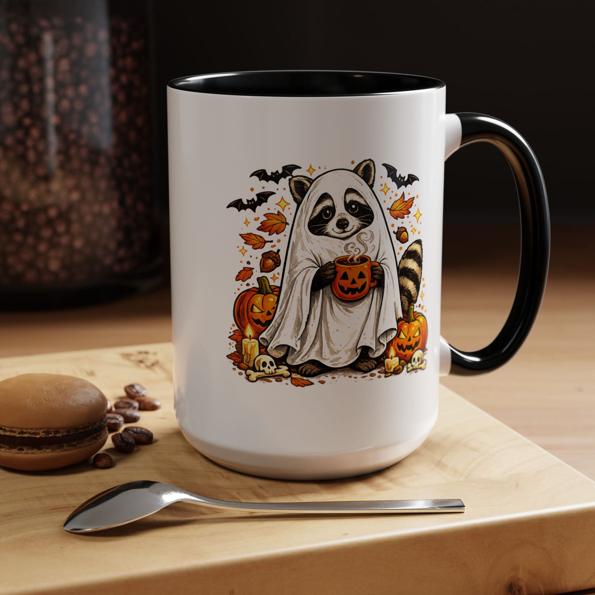 Cute Raccoon Halloween Mug, Ghost Costume Coffee Cup, Spooky Pumpkin Gift for Animal Lover, Fall Birthday or October Office Desk Decor