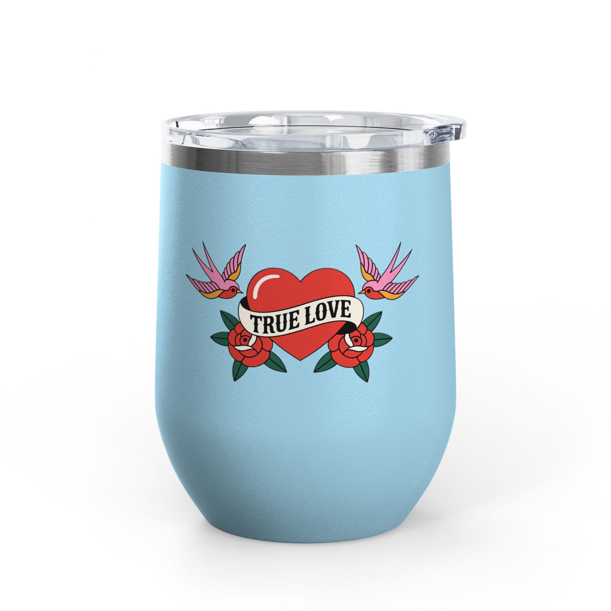 True Love Wine Tumbler, Vintage Tattoo Heart and Roses Cup, Romantic Anniversary Gift, Retro Drinkware for Couples