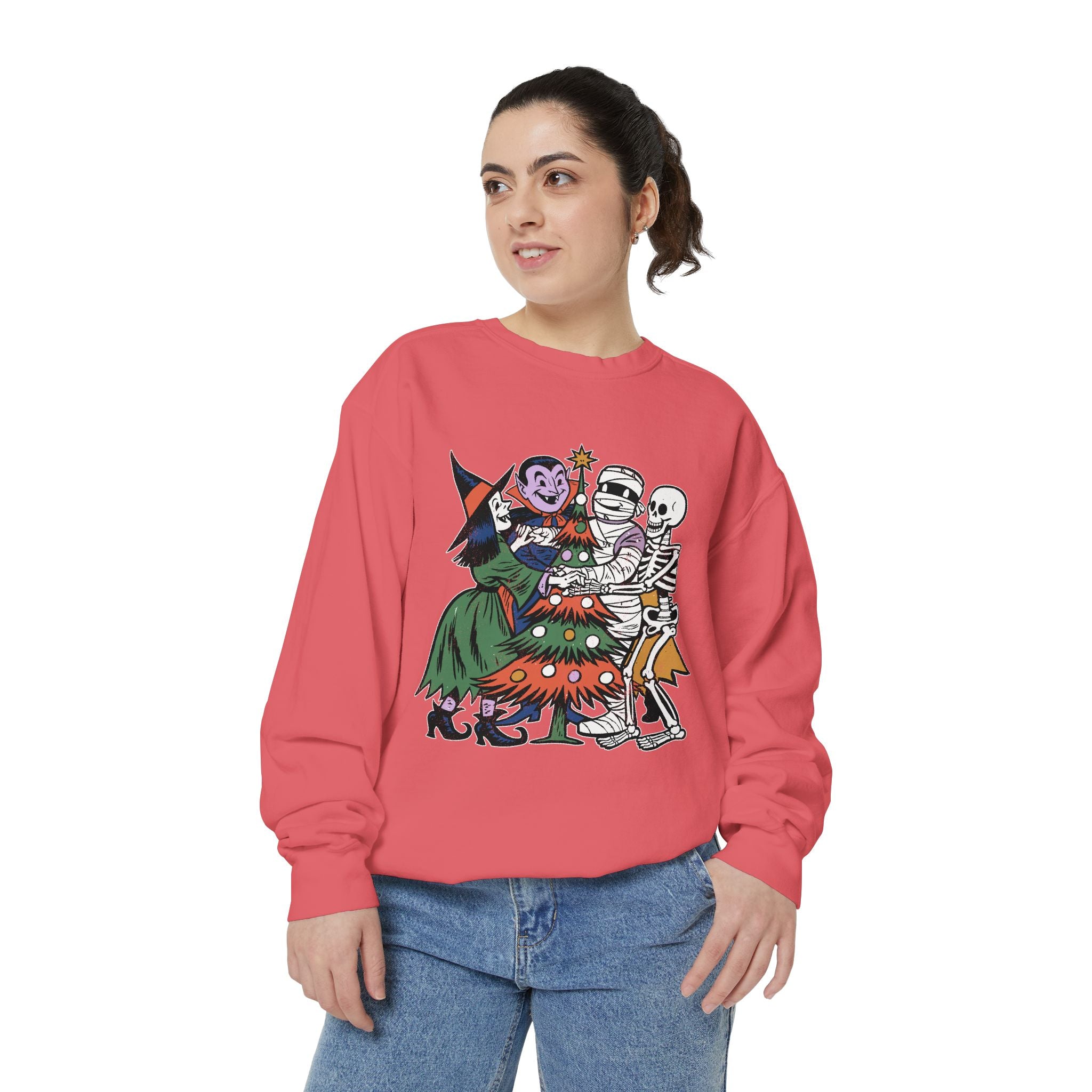 Spooky Christmas Sweatshirt, Halloween Holiday Mashup Crewneck, Witch Vampire Mummy Skeleton Pullover, Gothic Xmas Gift for Horror Fan