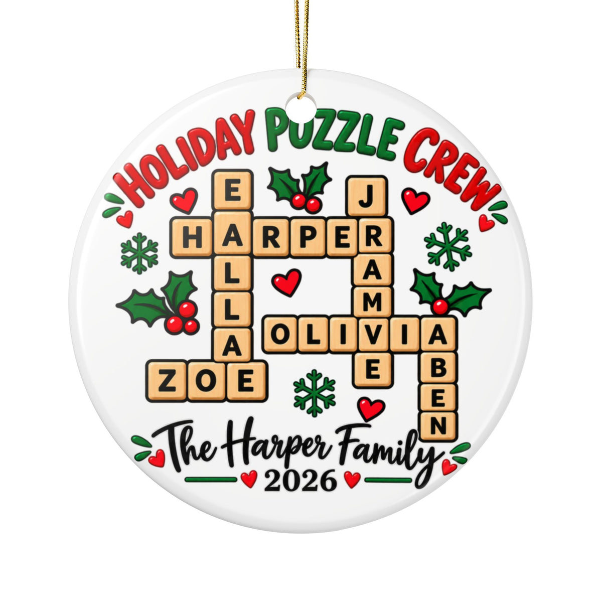 Personalized Family Crossword Christmas Ornament 2026, Holiday Puzzle Crew with Custom Names and Surname, Keepsake Gift for Board Game Fans