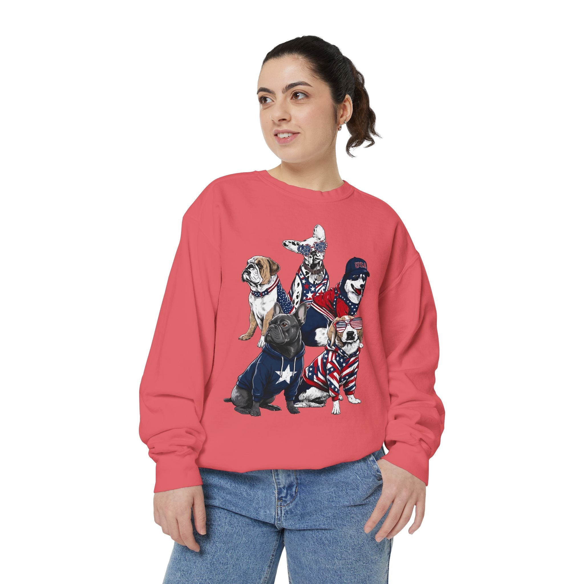 Patriotic Dog Lover Comfort Sweatshirt, USA Dogs Crewneck Sweatshirt, Fourth of July Pet Lover Gift, American Flag Puppy Sweatshirt
