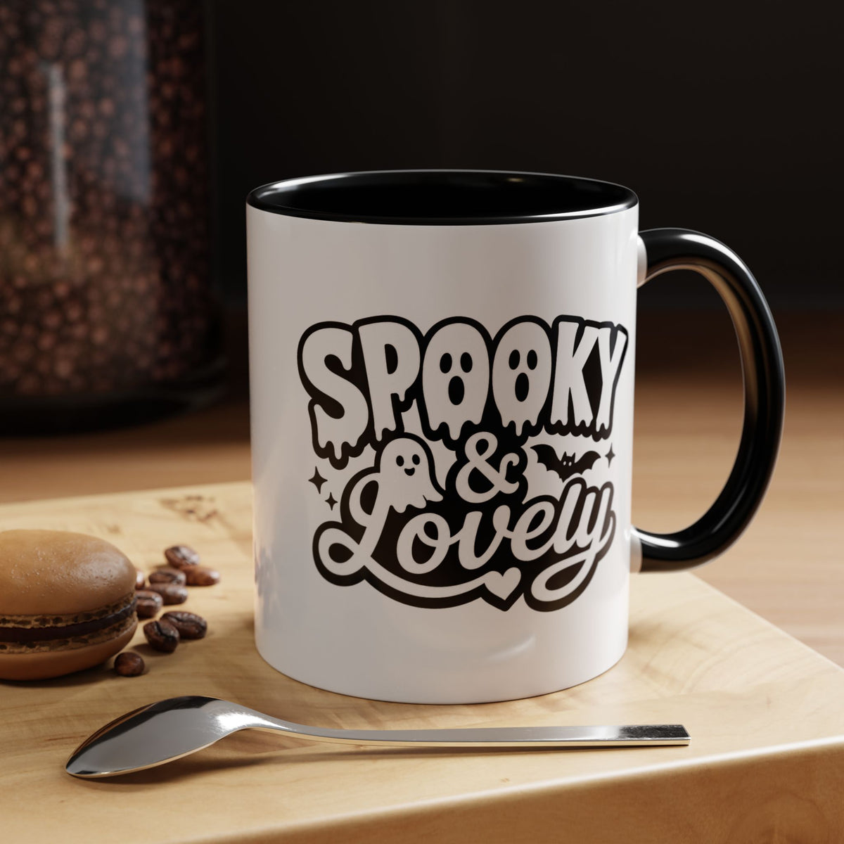 Spooky and Lovely Mug, Cute Ghost Halloween Coffee Cup, Black and White Spooky Season Gift for Her, Gothic Fall Drinkware