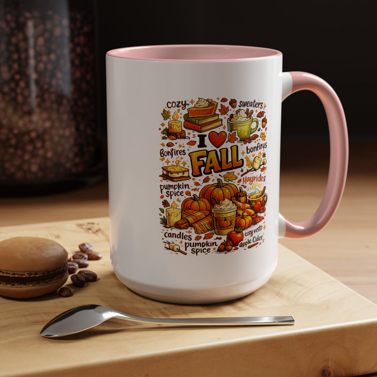 I Love Fall Coffee Mug, Cozy Autumn Pumpkin Spice Cup, Gift for Fall Lover, Book Reader, Teacher or Mom, Thanksgiving Kitchen Decor