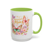 To a Wonderful Mum Coffee Mug, Cute Butterfly Birthday Gift for Mother, Floral Pastel Watercolor Ceramic Tea Cup with Pink Handle, Mum Gift
