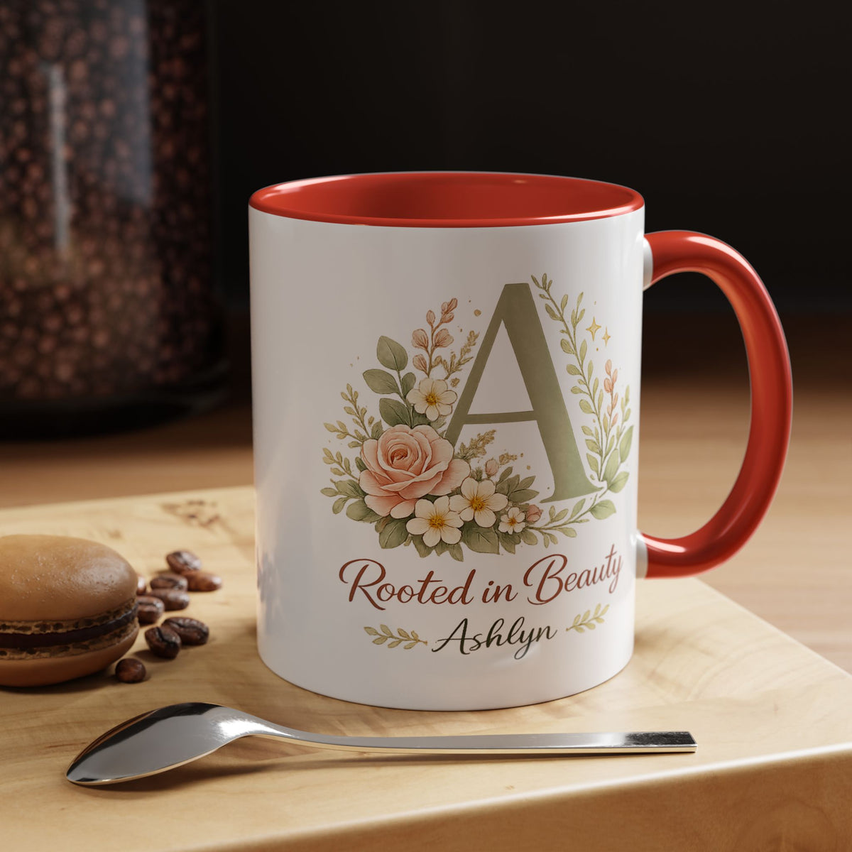 Personalized Floral Initial Mug, Custom Name Coffee Mug with Monogram Letter, Rooted in Beauty Gift for Women, Botanical Birthday Cup