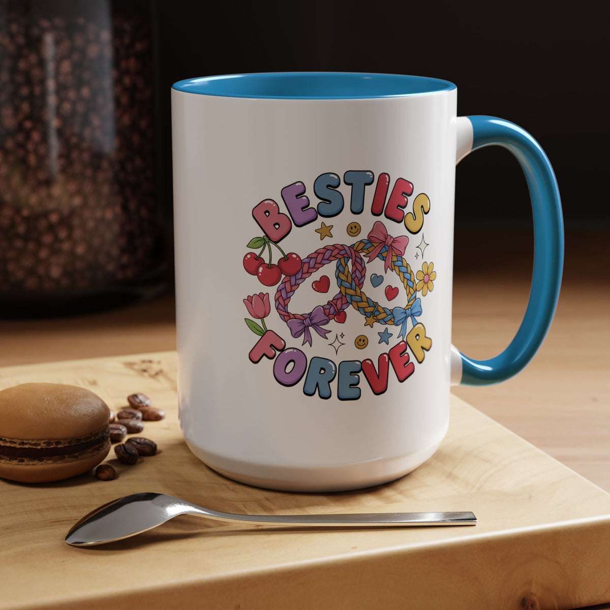 Best Friends Coffee Mug, Besties Forever Friendship Bracelet Design, Colorful Birthday Gift for a Best Friend or Long Distance Coffee Buddy