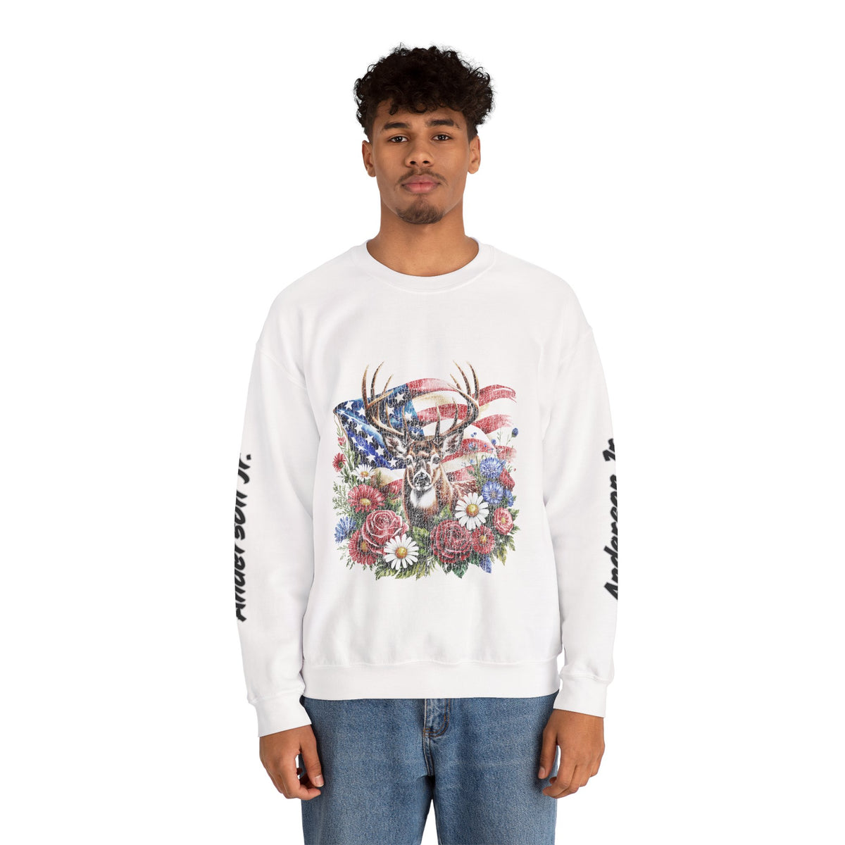 Personalized Hunting Family Sweatshirt, Custom Deer Patriotic Pullover, American Flag Floral Crewneck, Family Gift, Outdoorsman Shirt