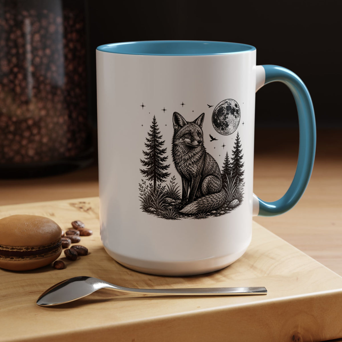 Fox Moon Mug, Black and White Woodland Coffee Cup, Celestial Forest Animal Gift for Fox Lover, Rustic Cabin Decor, Nature Birthday Present
