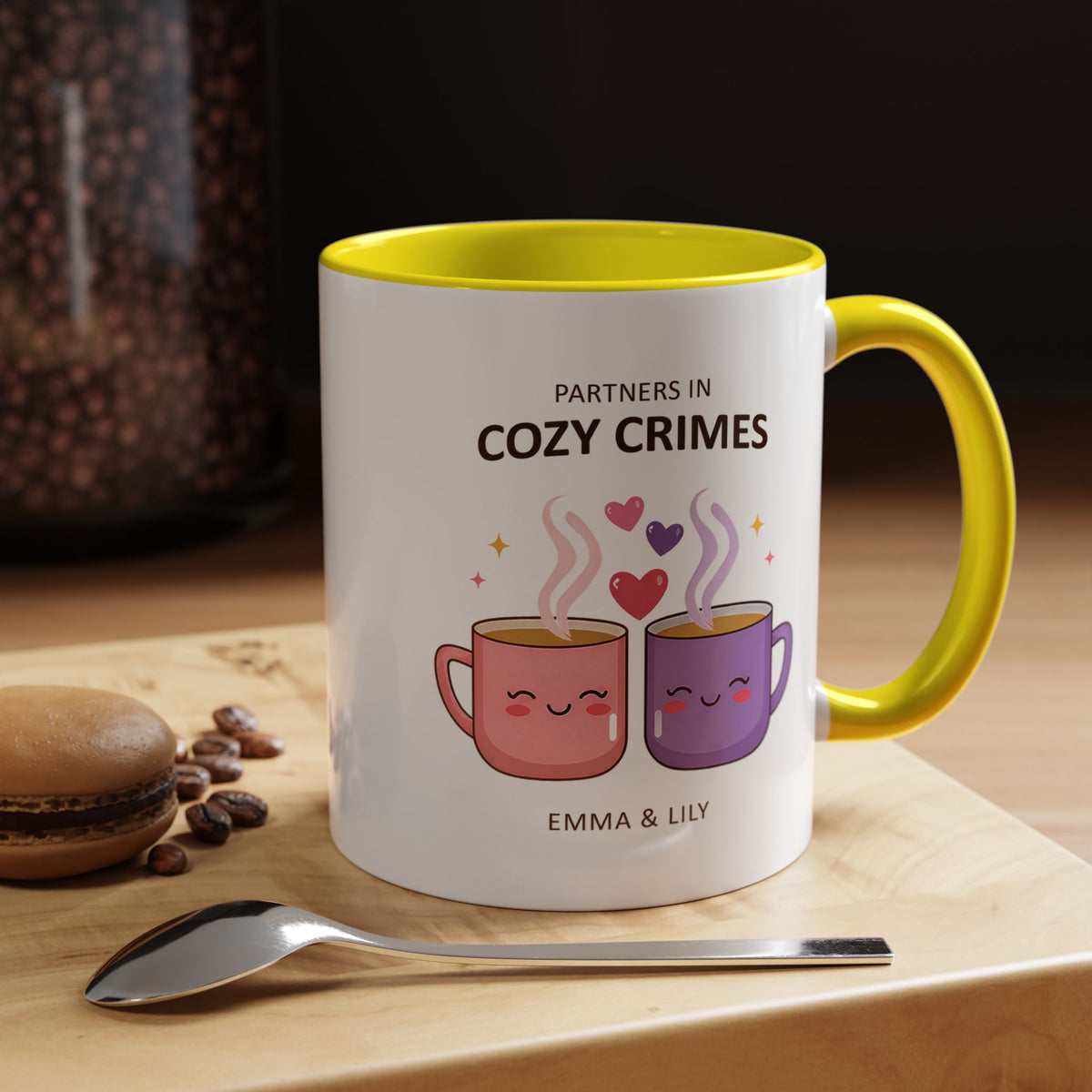 Partners in Cozy Crimes Mug, Personalized Best Friend Coffee Mug, Custom Name Friendship Gift for Women