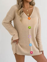Lady Deep V Neck Sexy Knit Sweater with Hand-Crocheted Flower Splicing Layering Dress (Without Belt)