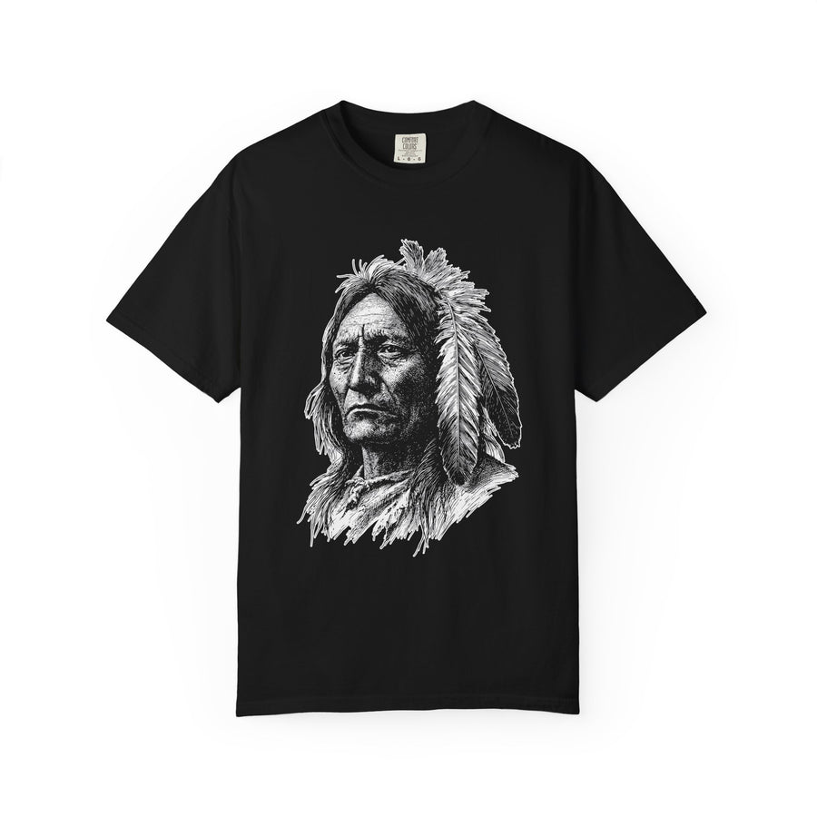 A black T-shirt printed with a detailed black-and-white portrait of a Native American elder in a feathered headdress.
