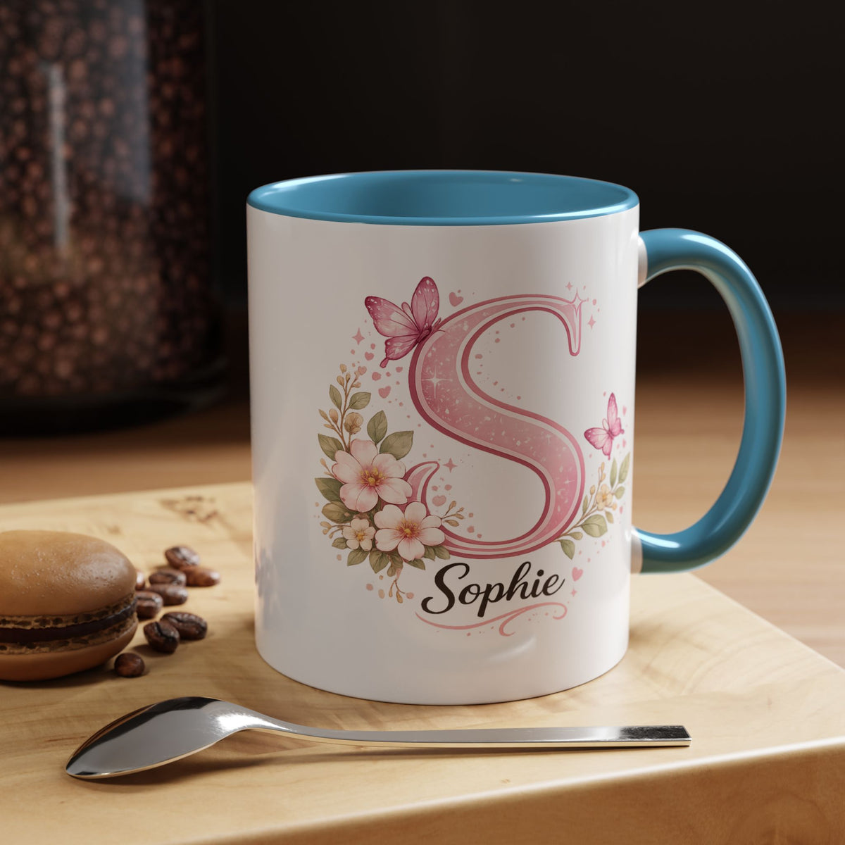 Personalized Butterfly Initial Mug, Custom Name Coffee Mug for Girls and Women, Pink Floral Monogram Cup, Birthday Gift, Custom Letter Mug
