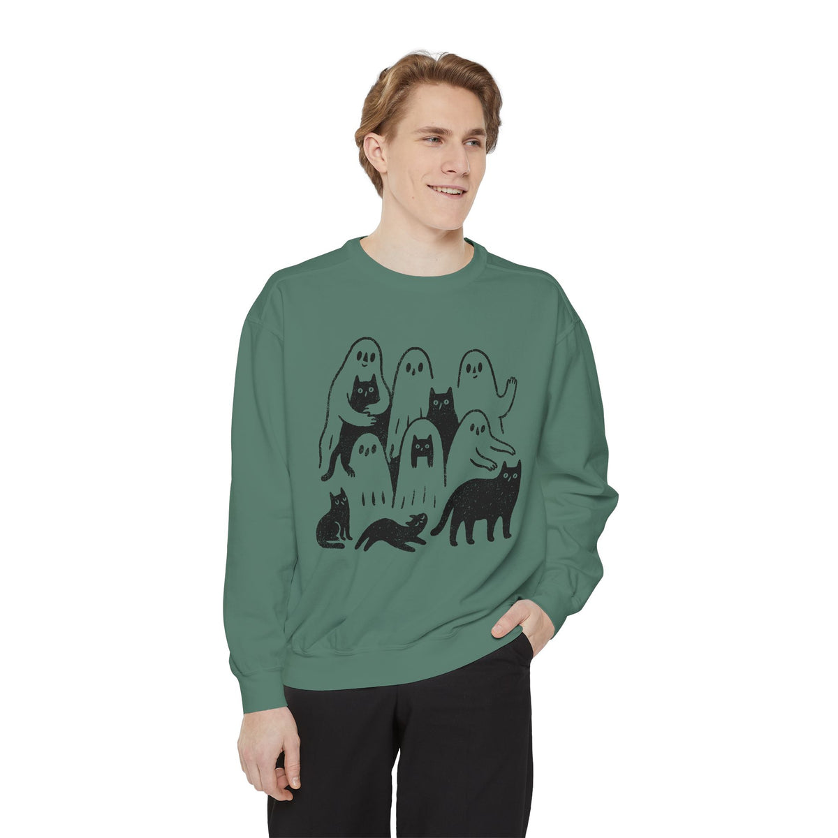 Ghost Cat Halloween Sweatshirt, Cute Spooky Cats and Ghosts Pullover, Cozy Pet Lover Gift, Minimal Black and White Fall Outfit for Women