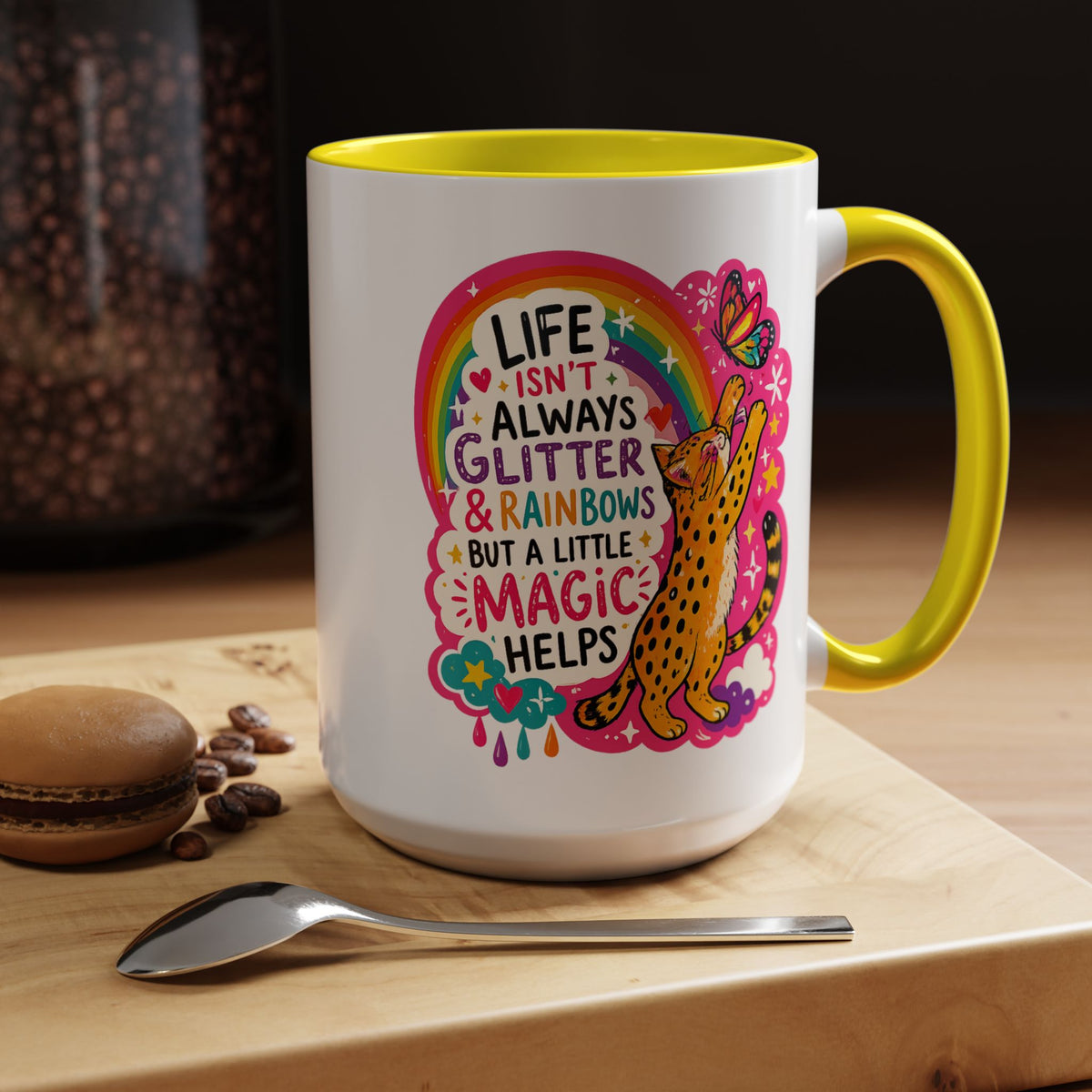Inspirational Cat Lover Mug, Life Isn't Always Glitter and Rainbows But A Little Magic Helps Coffee Mug, Cute Rainbow Cat Gift