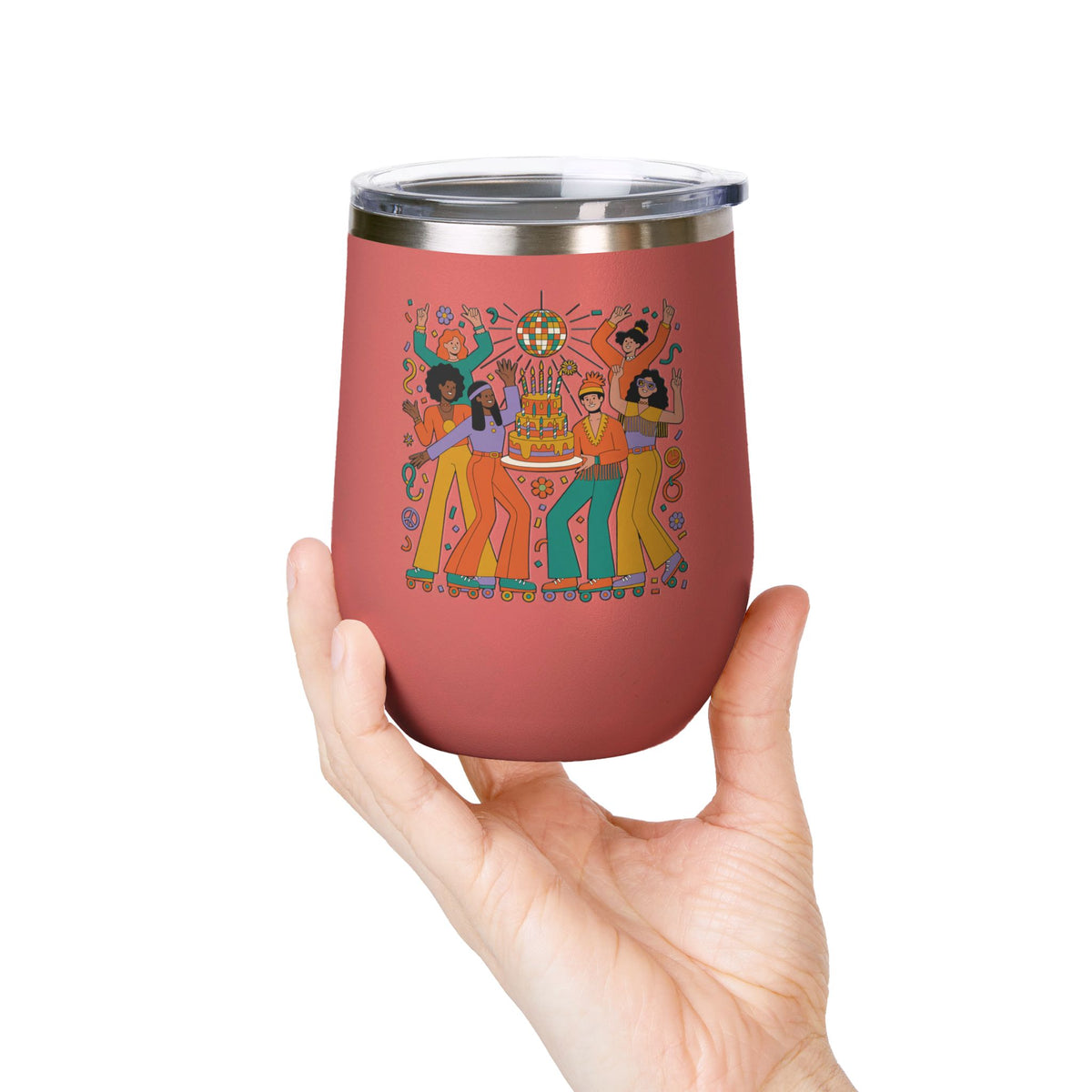 Retro Disco Birthday Wine Tumbler, 70s Roller Skating Party Design, Groovy Drinkware Gift for a Skater Friend Who Loves Vintage Aesthetics