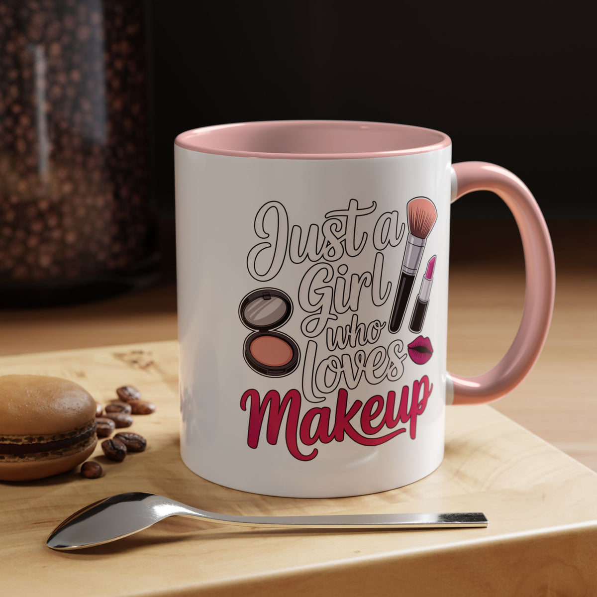 Makeup Lover Coffee Mug, Just a Girl Who Loves Makeup Quote, Lipstick and Brush Design, Birthday Gift for Beauty Enthusiast or Makeup Artist