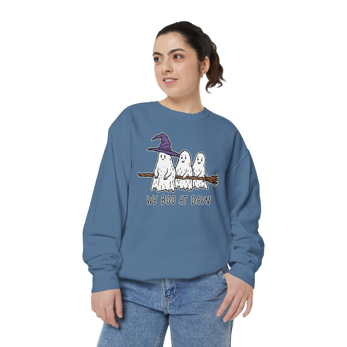 We Boo at Dawn Ghost Sweatshirt, Funny Halloween Witch Broom Pullover, Cute Spooky Season Gift for Friends and Ghost Lovers, October Outfit