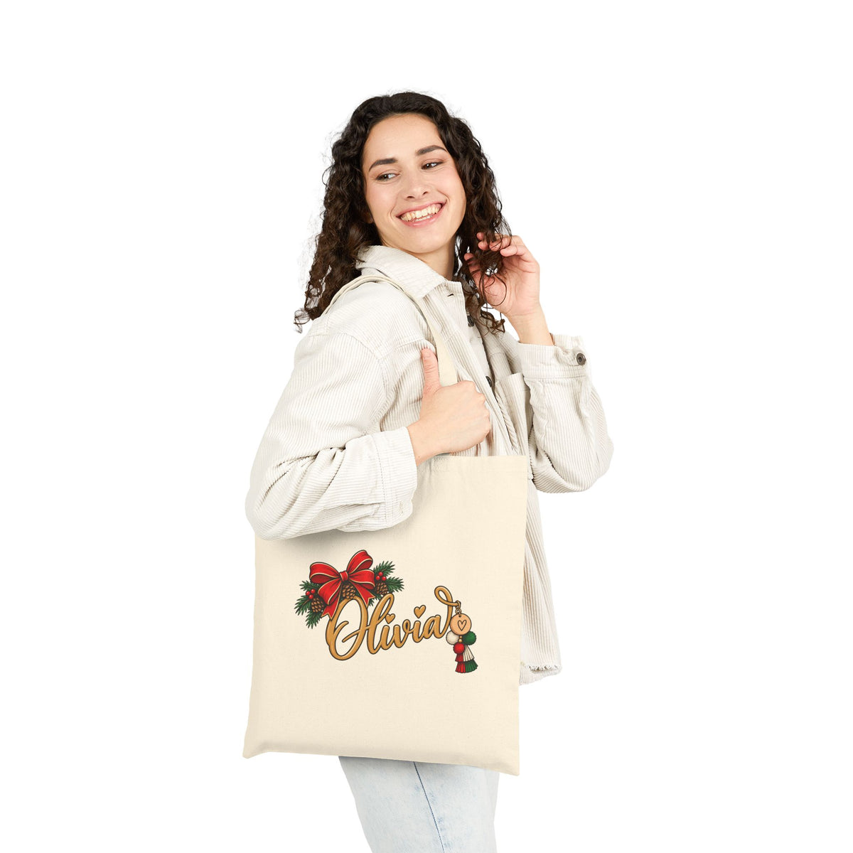 Personalized Christmas Tote Bag, Custom Name Cotton Canvas 15x16, Red Bow Evergreen, Holiday Monogram Shopper