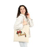 Personalized Christmas Tote Bag, Custom Name Cotton Canvas 15x16, Red Bow Evergreen, Holiday Monogram Shopper