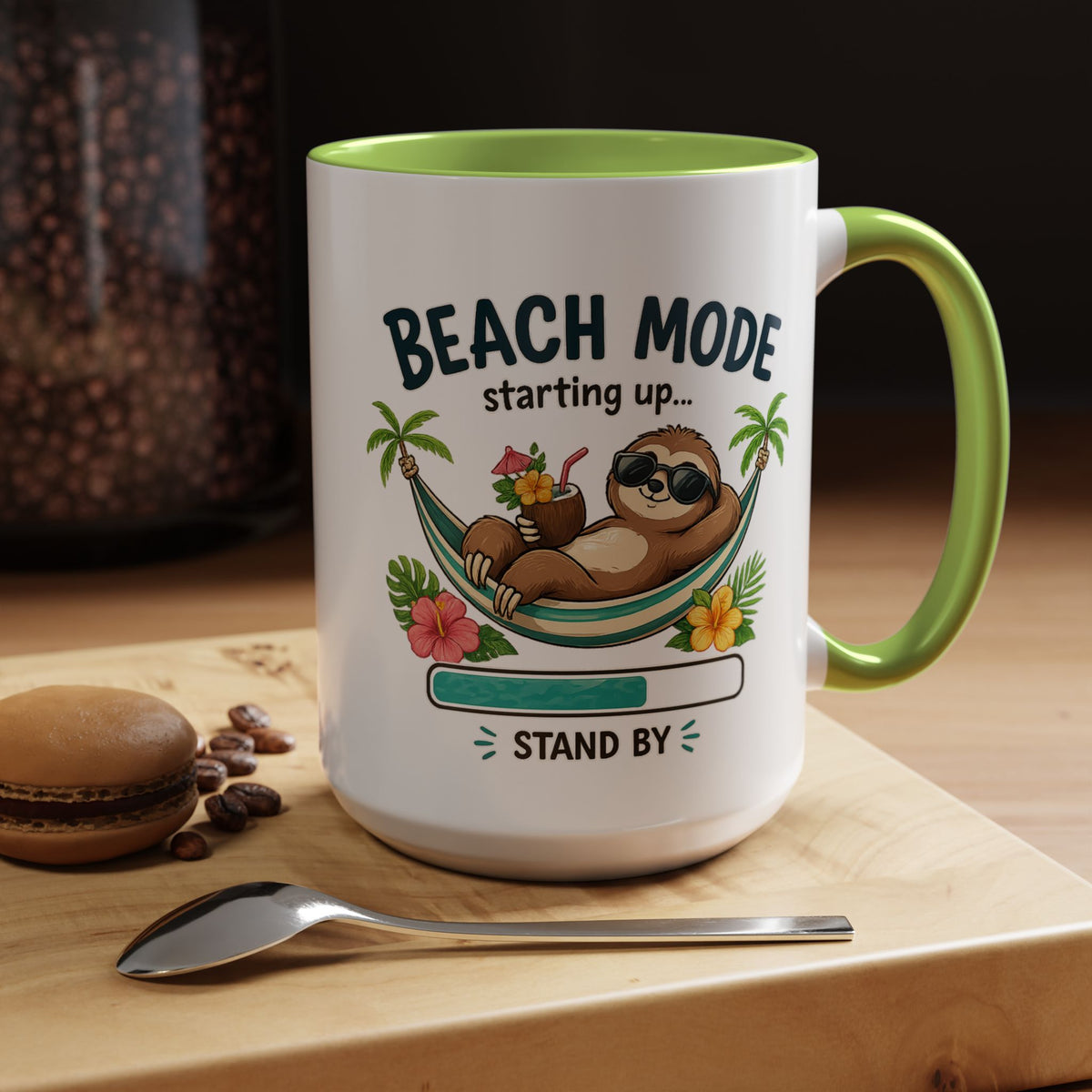 Beach Mode Sloth Coffee Mug, Funny Summer Vacation Gift for Sloth Lovers, Cute Tropical Hammock Ceramic Tea Cup with Blue Handle