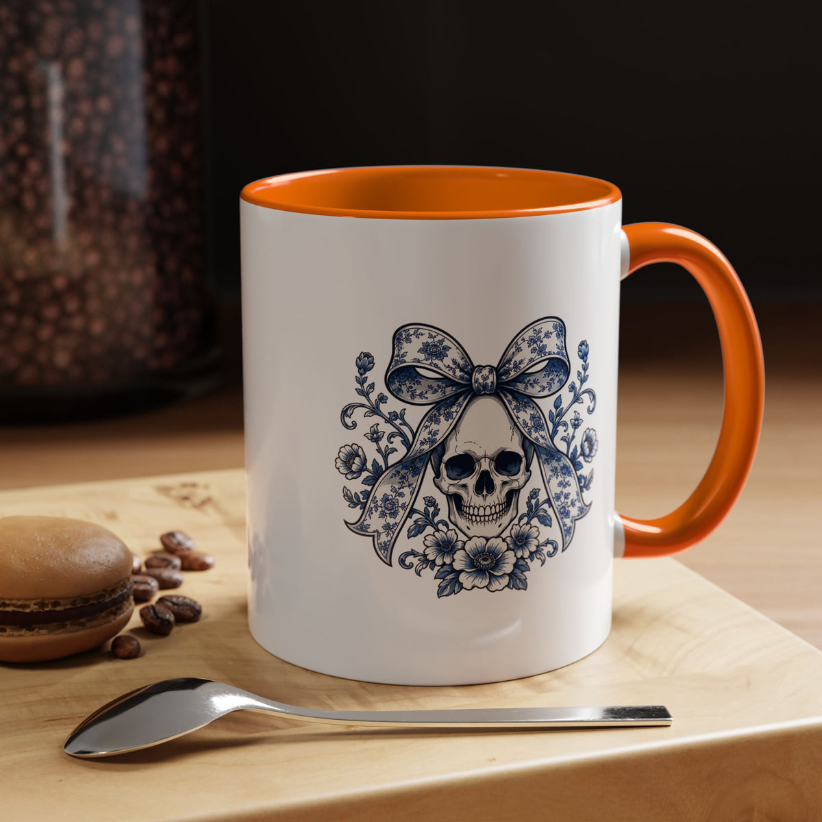 Blue Floral Skull Mug, Gothic Coquette Bow Coffee Cup, Alternative Halloween Gift for Her, Dark Academia Kitchen Decor, Spooky Present