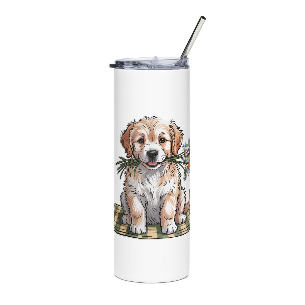 Golden Puppy Skinny Tumbler, Cute Dog and Flower Cup, Gift for Dog Moms, Puppy Lovers, Pet Parents and Animal Lovers