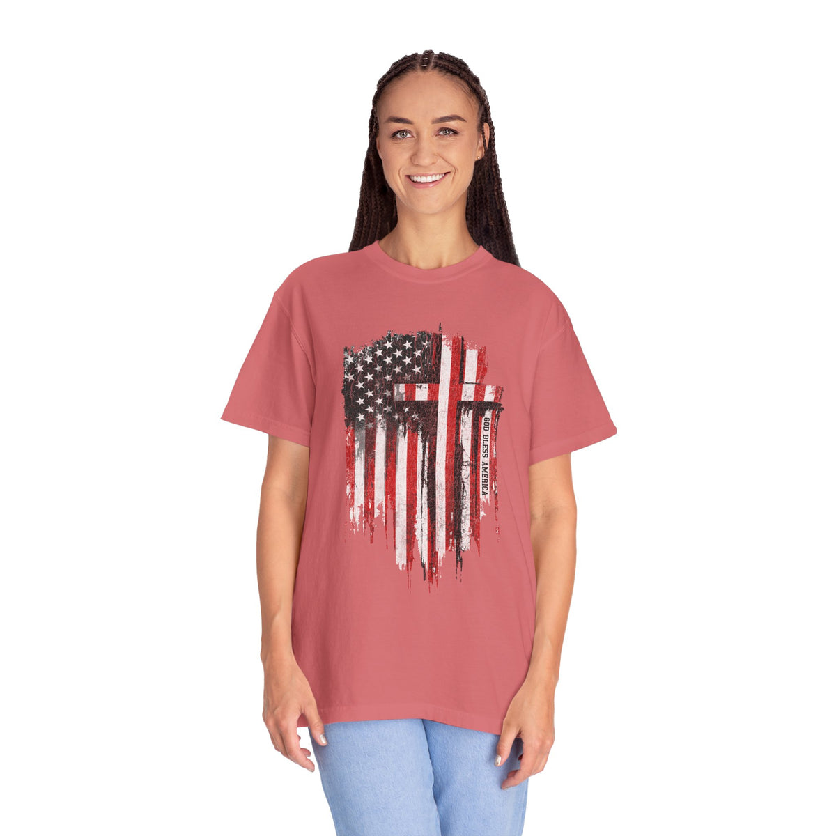 God Bless America Shirt, Distressed American Flag and Cross Graphic, Patriotic Christian Gift for Church Events and Everyday Faith