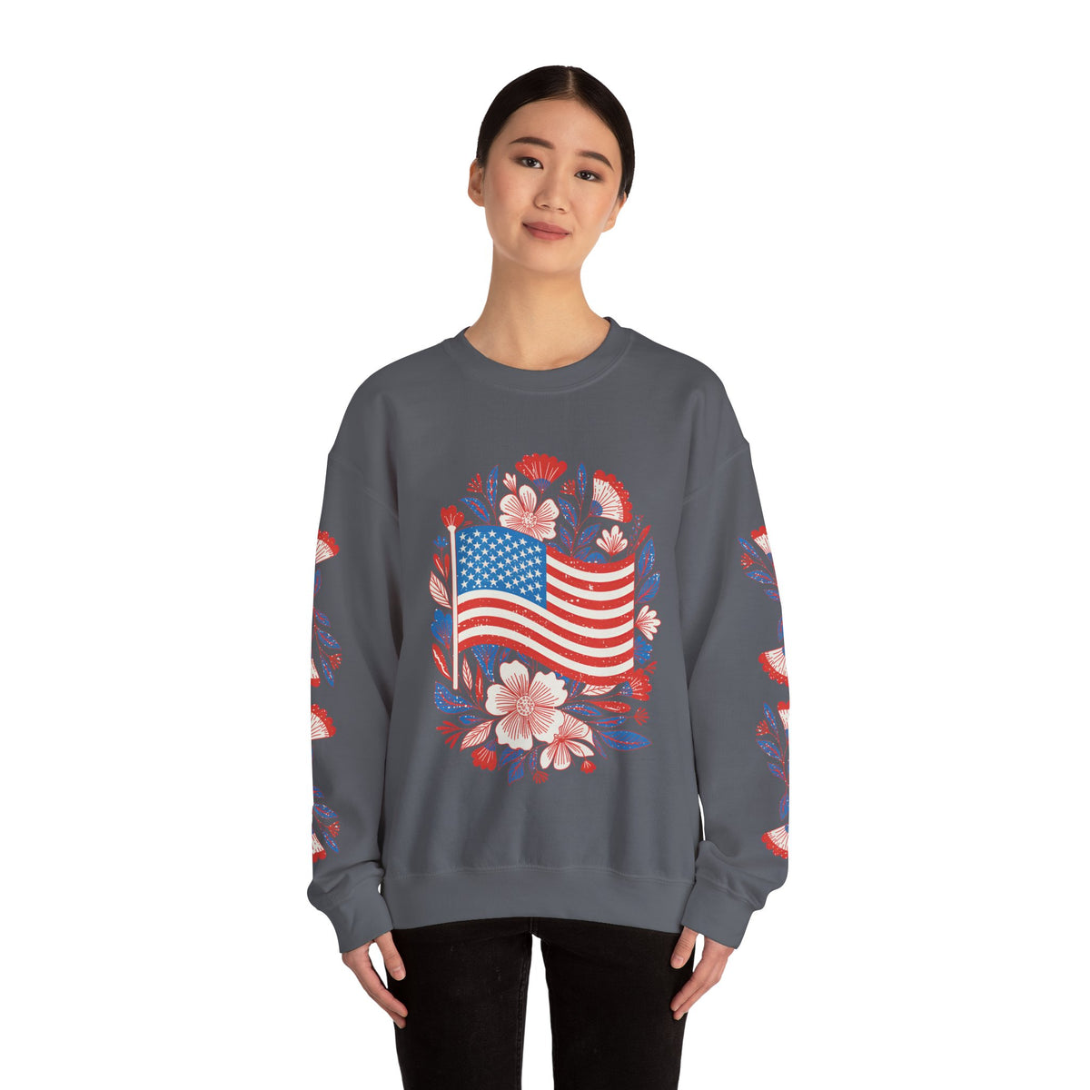 Floral American Flag Sweatshirt, Patriotic USA Pullover, Red White Blue Flower Top, Fourth of July Outfit, Americana Gift for Women