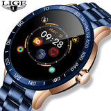 Black smartwatch with silicone band, round face showing time and calendar, angled view