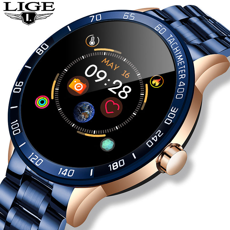 Black smartwatch with silicone band, round face showing time and calendar, angled view