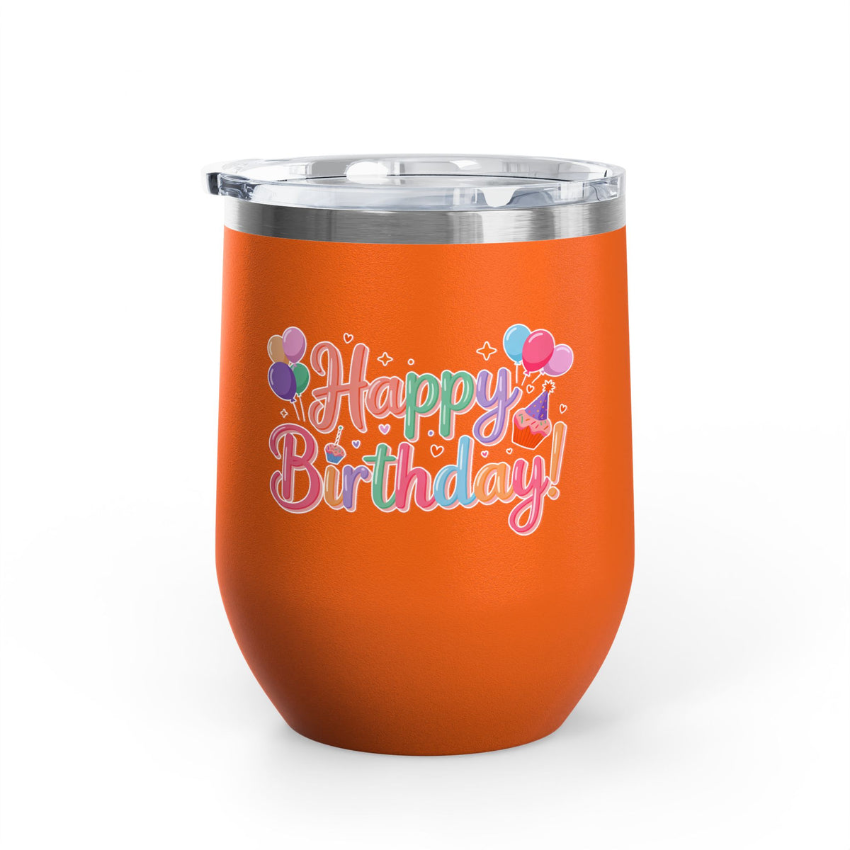 Happy Birthday Wine Tumbler, Pastel Balloons and Cupcake Design, Colorful Drinkware Gift for a Best Friend, Sister or Coworker Celebration