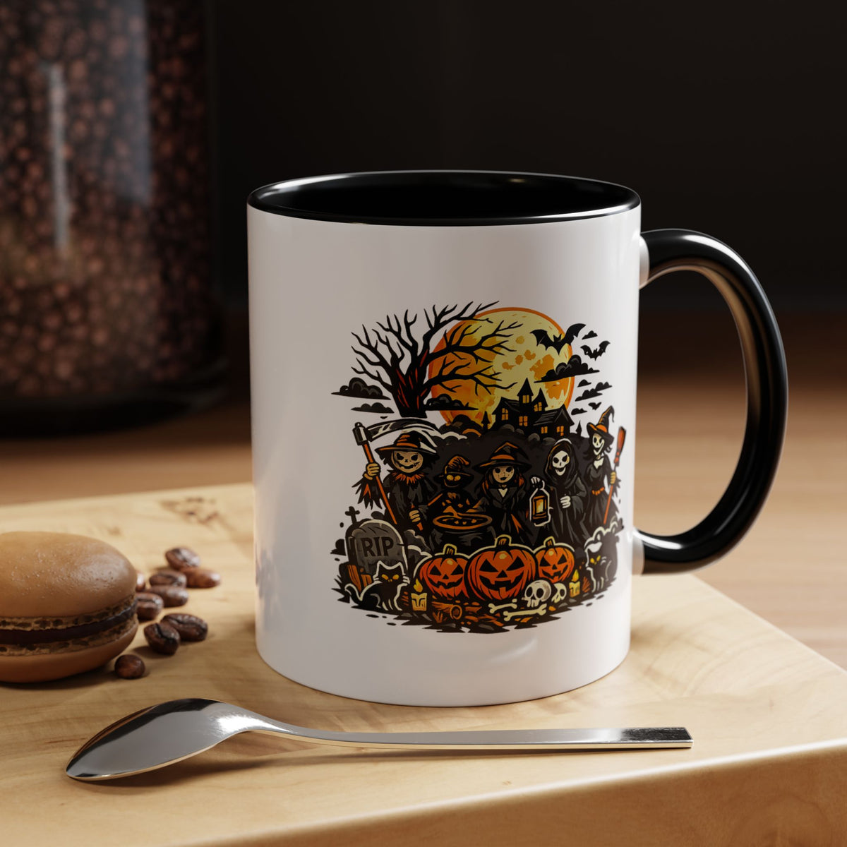 Halloween Witch Coffee Mug, Spooky Reaper and Pumpkin Cup, Gothic Horror Gift for Halloween Lover, Haunted House October Drinkware