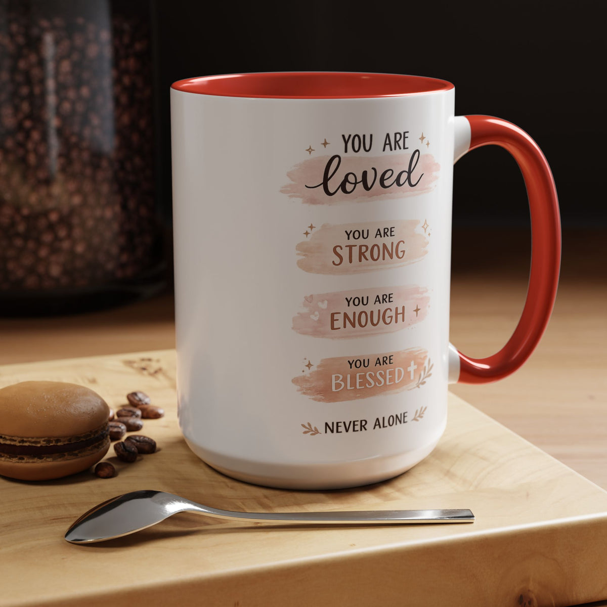 You Are Loved Strong Enough Blessed Coffee Mug, Encouraging Mental Health Gift for Friends, Cute Inspirational Daily Affirmations Tea Cup with Pink Handle