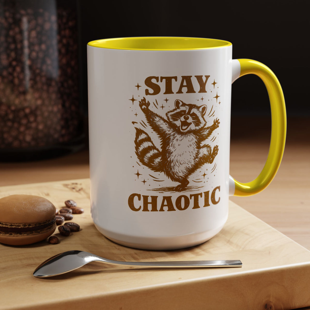 Stay Chaotic Raccoon Coffee Mug, Funny Trash Panda Gift for Friends, Sarcastic Animal Meme Ceramic Tea Cup with Pink Handle