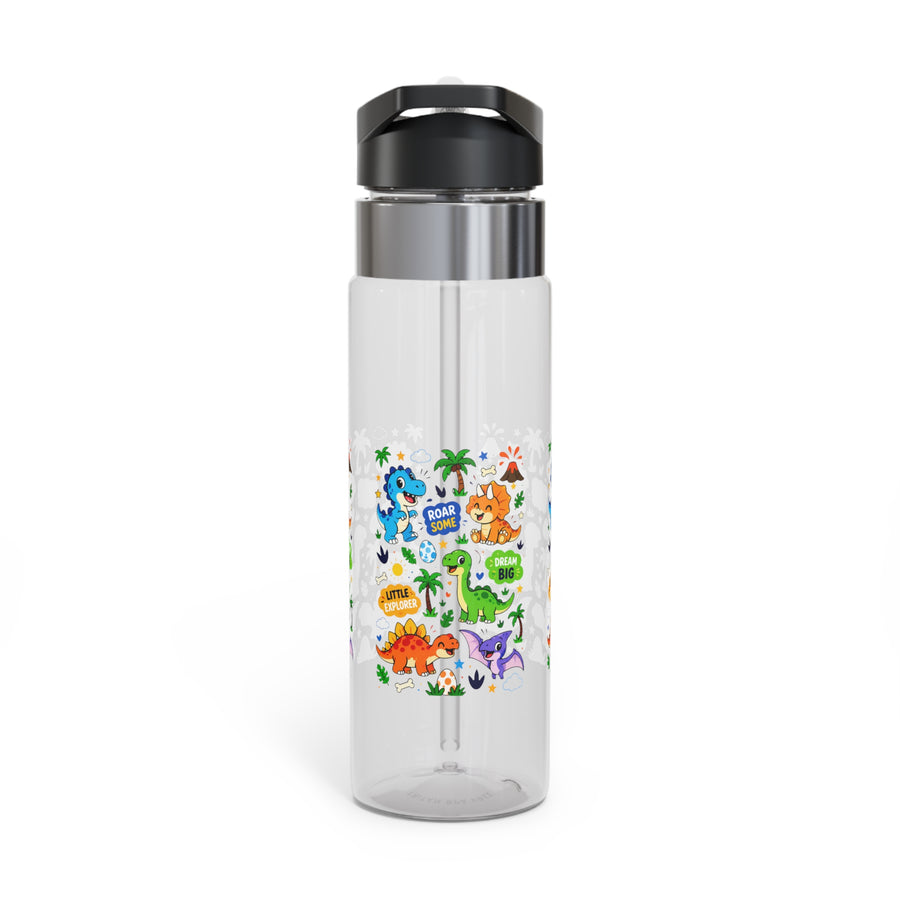 A clear water bottle with a black flip-top lid, stainless band and straw, printed with colorful cartoon dinosaurs, palm trees and a volcano with the words Roar Some, Little Explorer and Dream Big.