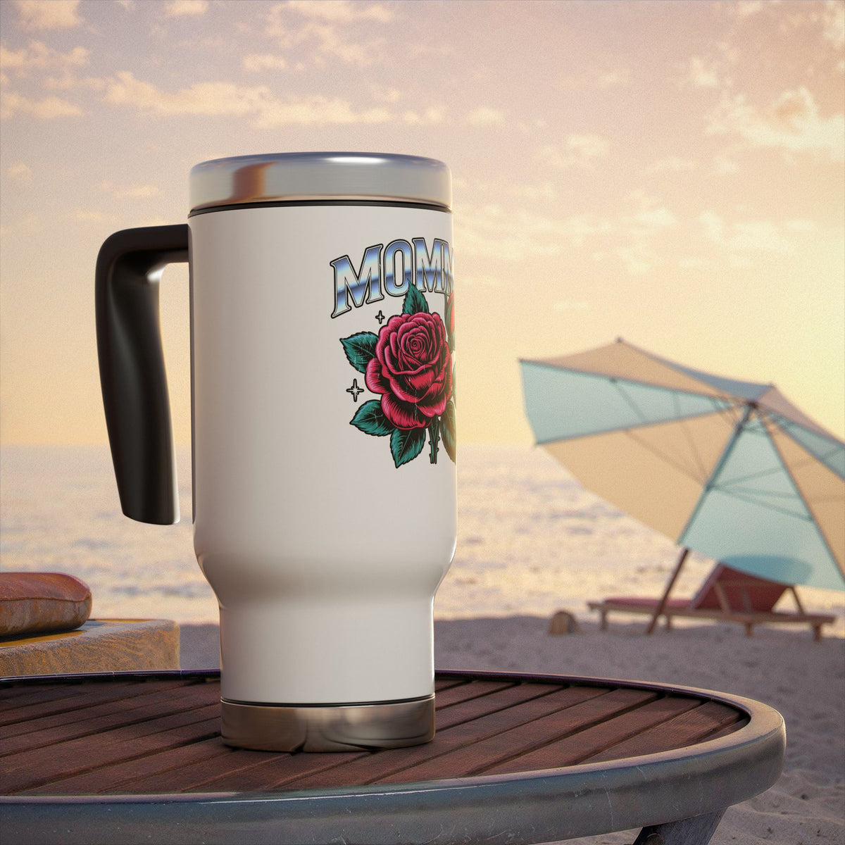 Mommy Rose Travel Mug with Handle, Pink Floral Coffee Cup, Sweet Gift for Mom, Mother's Day, Birthday and Everyday Coffee for Her